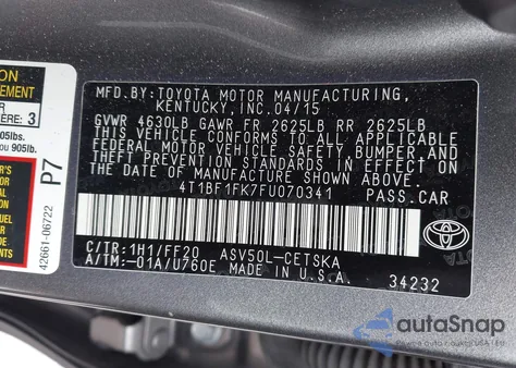 2015 Toyota Camry Se from USA, damaged, VIN 4T1BF1FK7FU070341